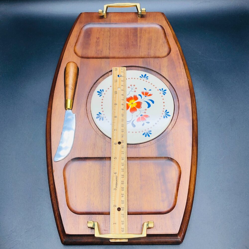 70s Country Florals Oversized Wood Ceramic Tile Cheese Charcuterie Board Tray - Picture 10 of 12